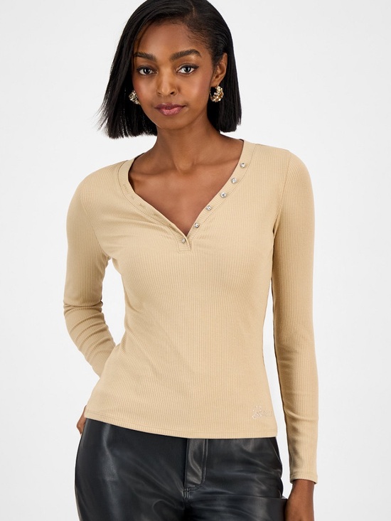 Guess Tops - NWT Guess Sz Med Women's Crystal Logo Button Kyla Ribbed Knit Henley Top Ret $59